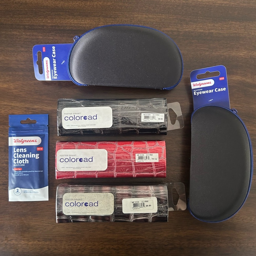 NWT Foster Grant Coloread + Walgreens Glasses Cases + Lens Cleaning Cloth New